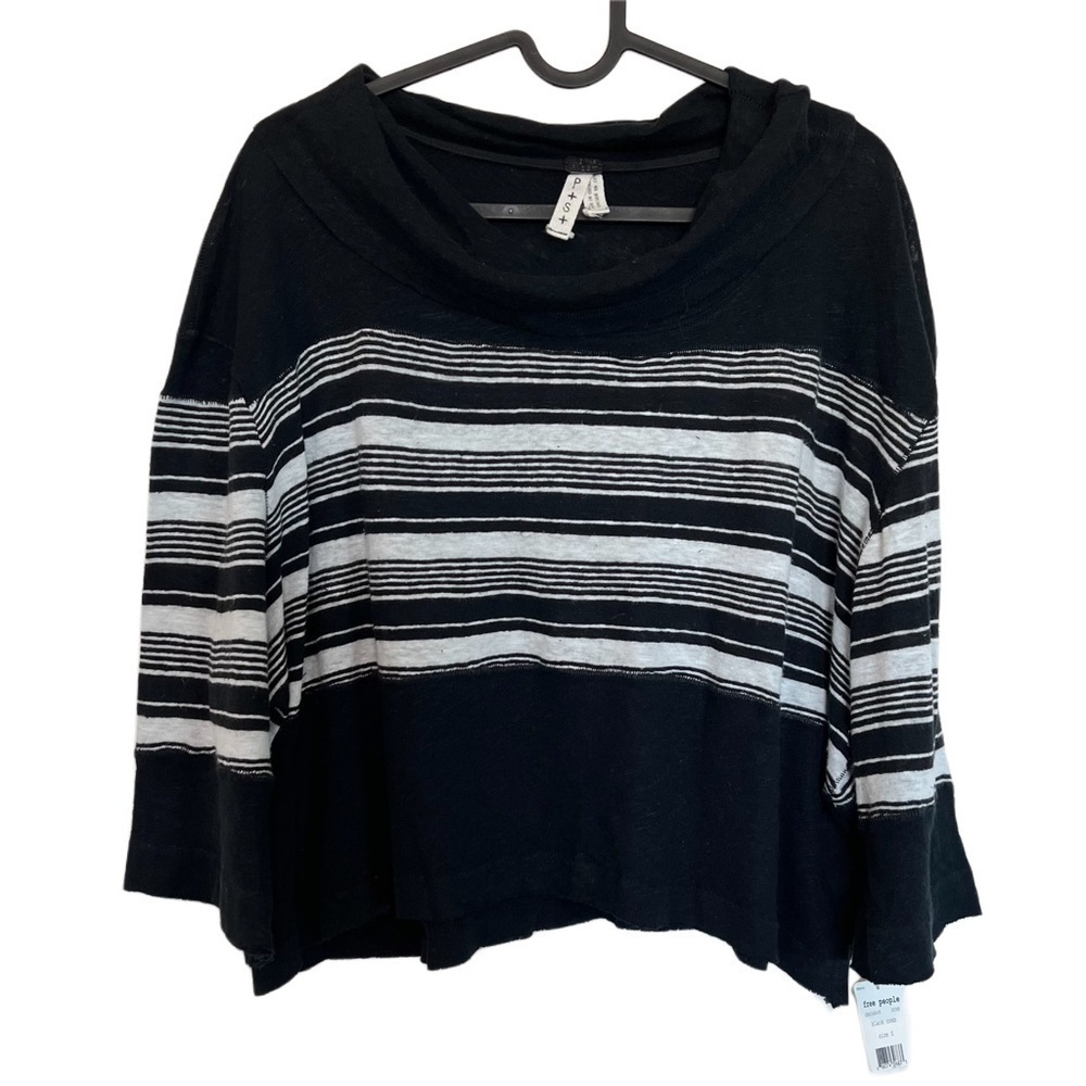 NWT Free People We the Free Sea Side Linen Blend Cowl Neck Top Small Black Combo